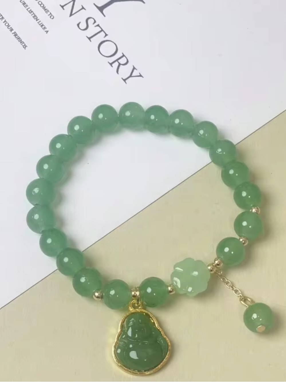Green Jade Bead Bracelet with Buddha Charm - Women Jewelry - Picture 1 of 4
